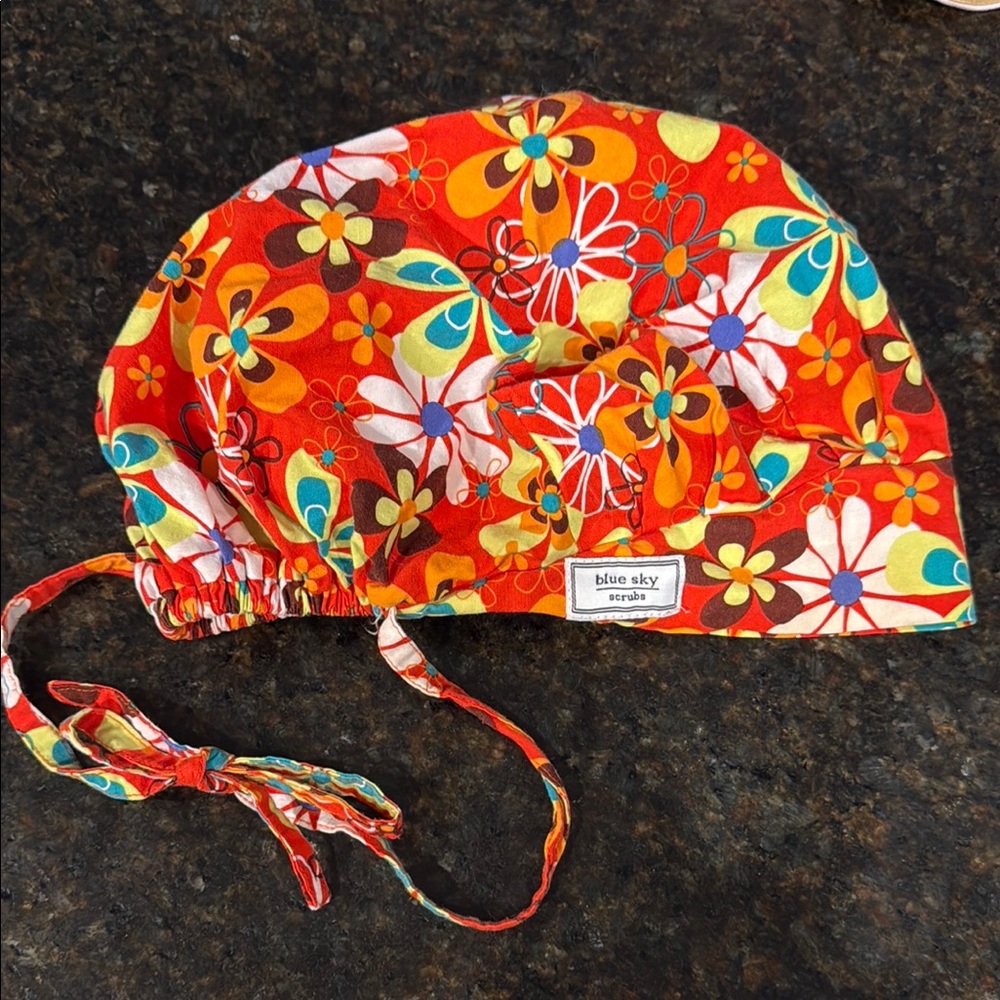 Blue Sky Floral Red Tie-Back Surgical Cap